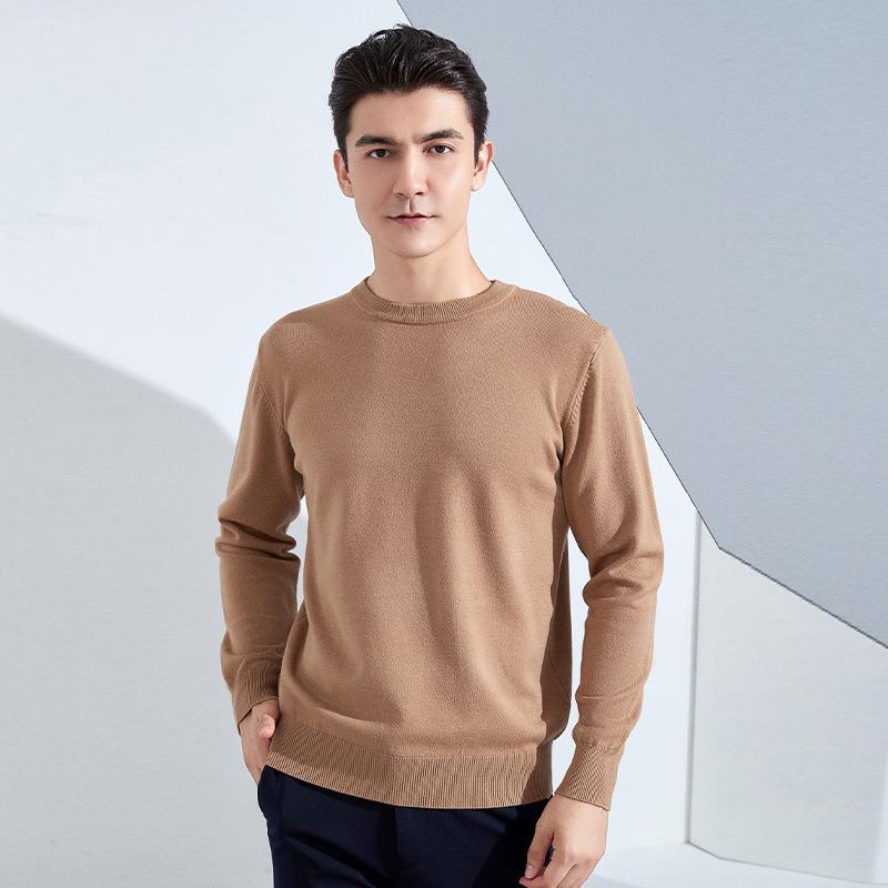 Осень и Зима Мужской Трикотажный Свитер с Круглым Вырезом, Свободный, Утепленный Пуловер, Однотонный, с Длинным Рукавом, Короткий, Деловой, Базовый, Теплый Свитер