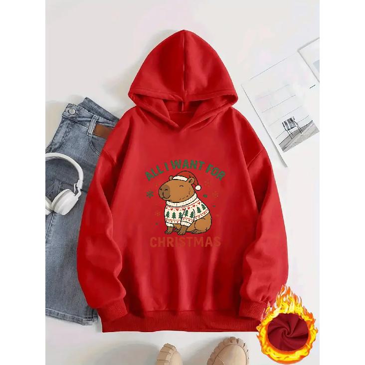 Women's Fashion Fleece Hoodie | Casual All-Season Christmas Cartoon Guinea Pig Print | Trendy Creative Style