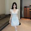 Sheer Mesh Cinched Waist A-Line Mini Dress V-Neck Short Sleeve Princess Sexy Chic Outfit