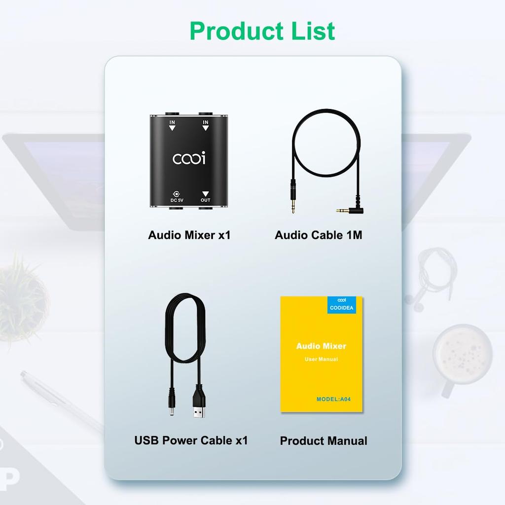 Cooidea 2-канальный стерео аудиомикшер из металла, совместимый с AUX 2 входа 1 выход, мини-стерео звуковой микшер с 1-метровым аудиокабелем для наушников - Shell,