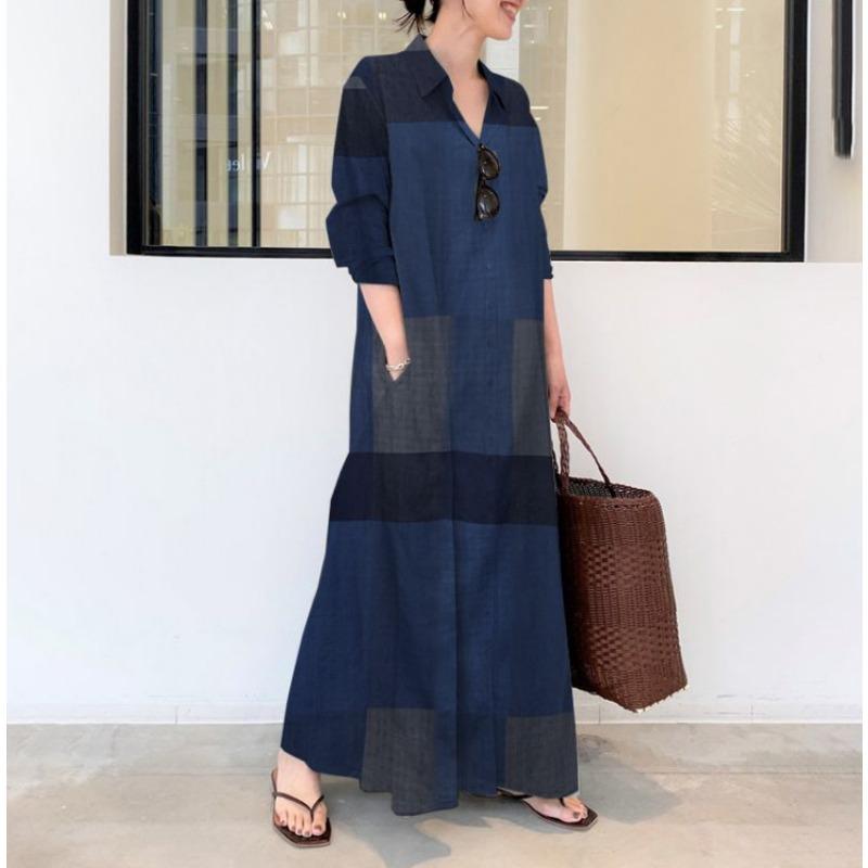 Платье-рубашка из хлопка темного цвета с сетчатым принтом, лацканами, длинными рукавами и карманами, простое, свободное, повседневное, длинное