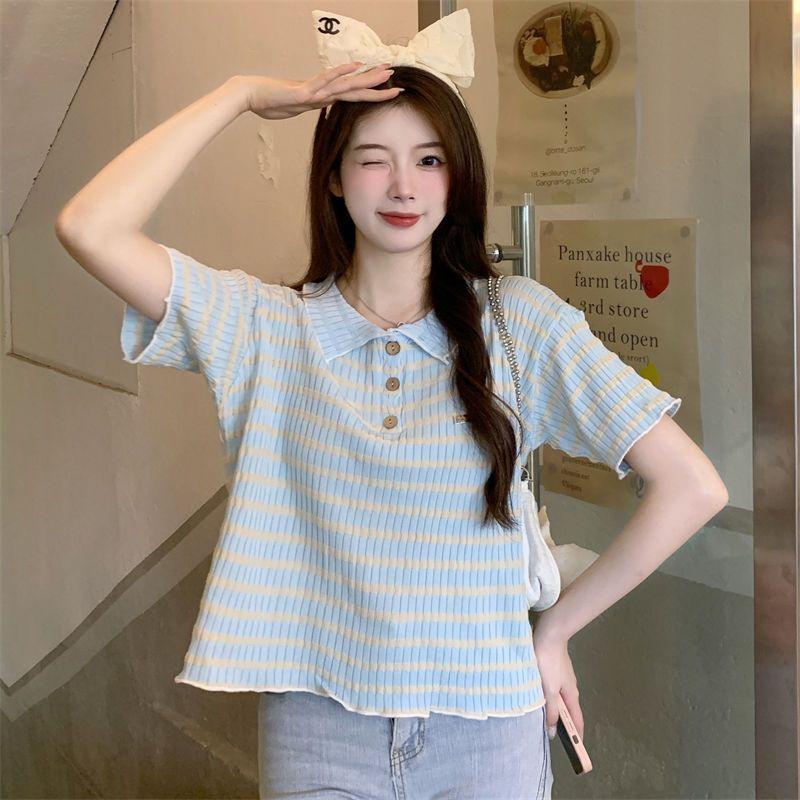 Летняя футболка с открытыми плечами, женская трикотажная футболка с воротником-поло, милый дизайн с короткими рукавами