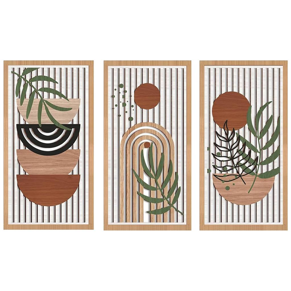 3Pcs Bohemian Wooden Wall Art, Multi-Purpose Decor for Bedroom, Living Room & Office, Wall Hanging Artwork Decoration, 2D Flat