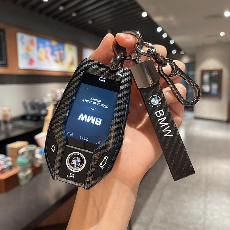 For BMW 5 6 7 8 Series X3 X4 X5 X7 G30 G31 G32 G11 G12 G70 G01 G02 G05 G07 Carbon Fiber LCD Screen Car Key Fob Case Cover Chain OBTLU1
