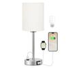Small Table Lamp Led Rechargeable Light Pull Chain Reading Light with AC Outlet Bedside Table Beige Lampshade for Bedroom Kids