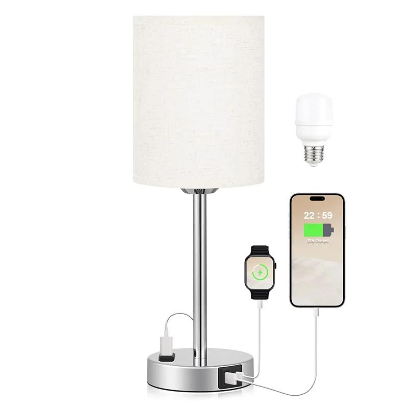 Small Table Lamp Led Rechargeable Light Pull Chain Reading Light with AC Outlet Bedside Table Beige Lampshade for Bedroom Kids