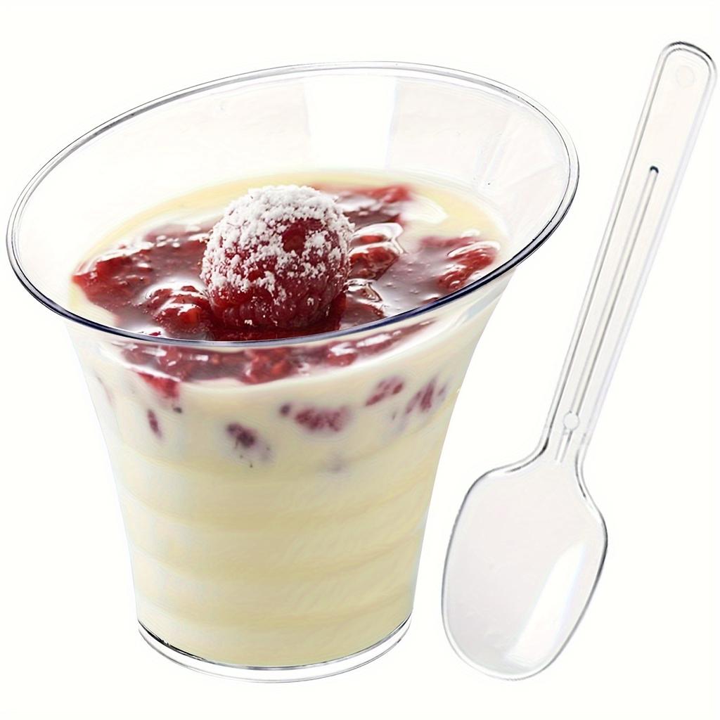 20 шт. наклонных круглых стаканчиков для десерта, прозрачные пластиковые стаканчики для десерта с 20 пластиковыми ложками, наклонные цилиндрические одноразовые стаканчики для вечеринок, свадеб и т. д.