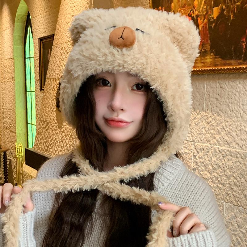 Capybara plush hat for women, autumn and winter, Japanese style, large head circumference, ear protection, knitted Lei Feng hat, cycling cold-proof