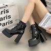 Fashion Higher Quality Black Chunky Heel Boot Women Leather High Heel Platform Booties for Women Lace-Up Zipper Square Ankle Boots Botas