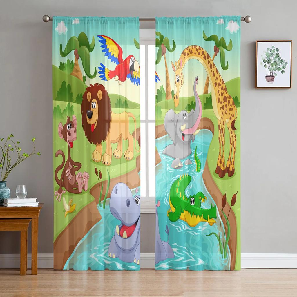 Jungle Forest Cartoon Animal Lion Elephant Tulle Sheer Curtains for Living Room Bedroom Window Curtain Voile Organza Drapes