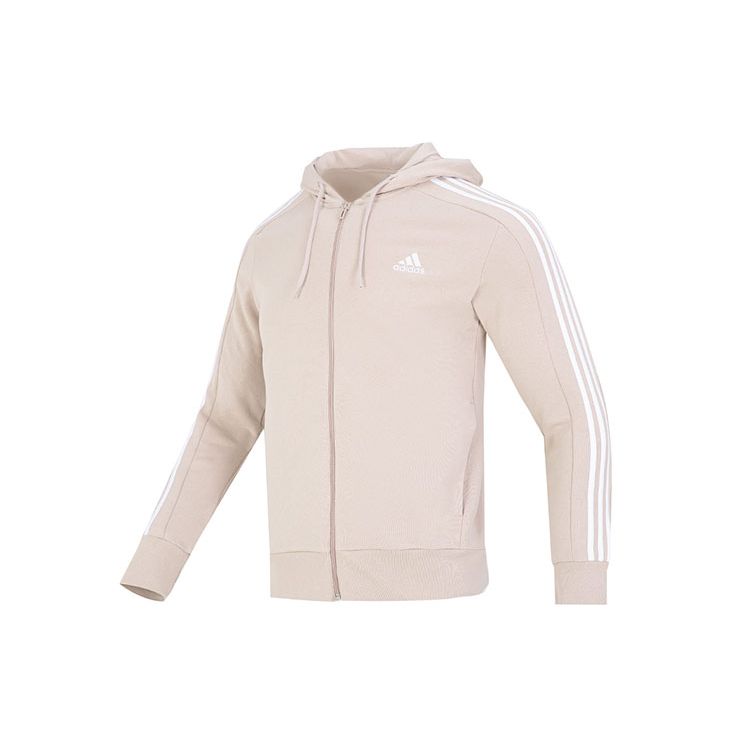 adidas Толстовка с капюшоном Essentials French Terry 3-Stripes Full Zip Wonder Taupe/White для мужчин в уличном стиле IC9839