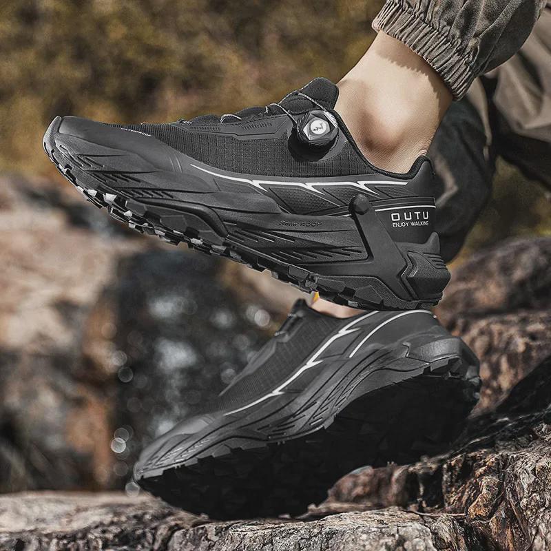 Men's Spring Outdoor Waterproof Hiking Shoes with Rotating Button, Non-Slip & Shock-Absorbing Design