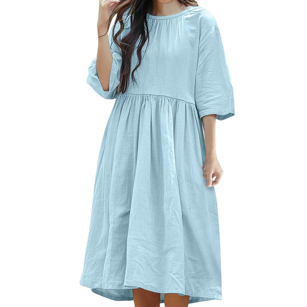 Women's Summer Solid Color Short Sleeved Pleated Round Neck Large Hem Dress