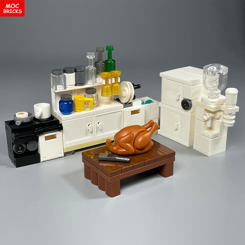 Конструктор MOC Кухонный шкаф Посуда Инструмент Кофеварка Машина Диспенсер для воды Рабочая поверхность Обучающий строительный блок Детская игрушка