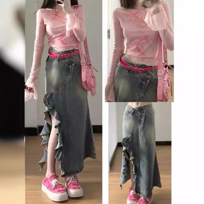 Ретро Неправильная Джинсовая Юбка Миди для Женщин Летом Новая Волна Разрез Высокая Талия Юбка Годе