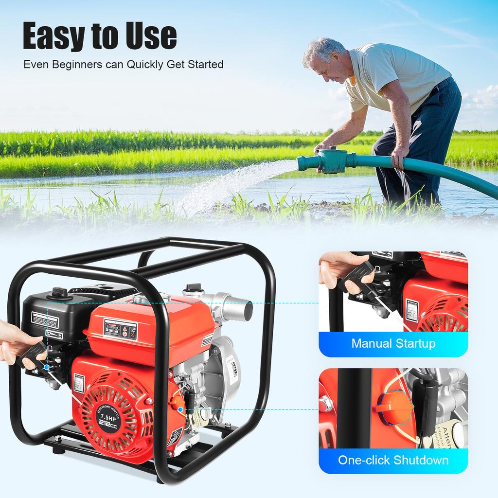 7.5HP Trash Water Transfer Pump - 212cc 4-Stroke Gas Powered Irrigation Pump 2" Port with  23ft Suction & Hose