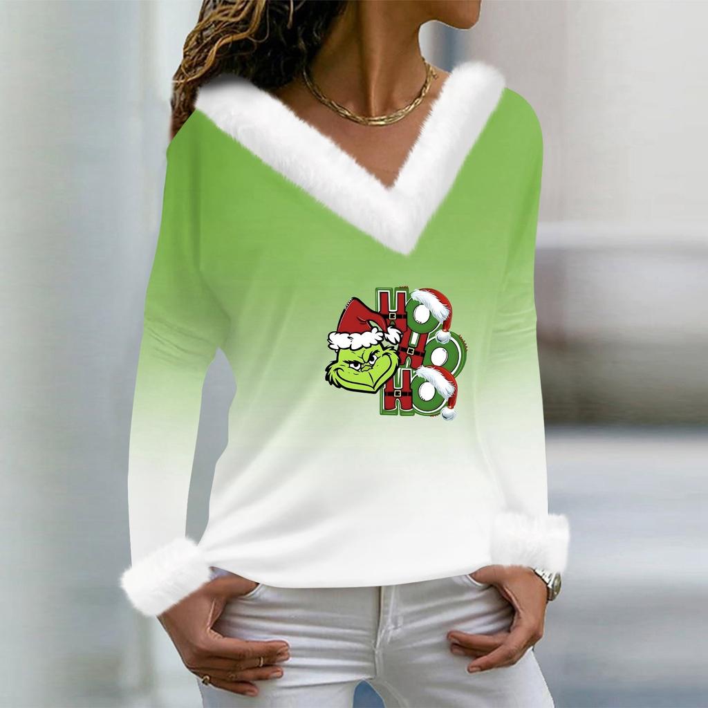 Женская футболка, рождественская рубашка с длинным рукавом, вечерние, рождественский флисовый воротник, топ с v-образным вырезом