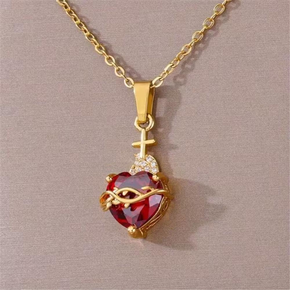 Female Crystal White Red Zircon Stone Heart Cross Pendant Necklace Vintage Gold Color Wedding Jewelry For Women