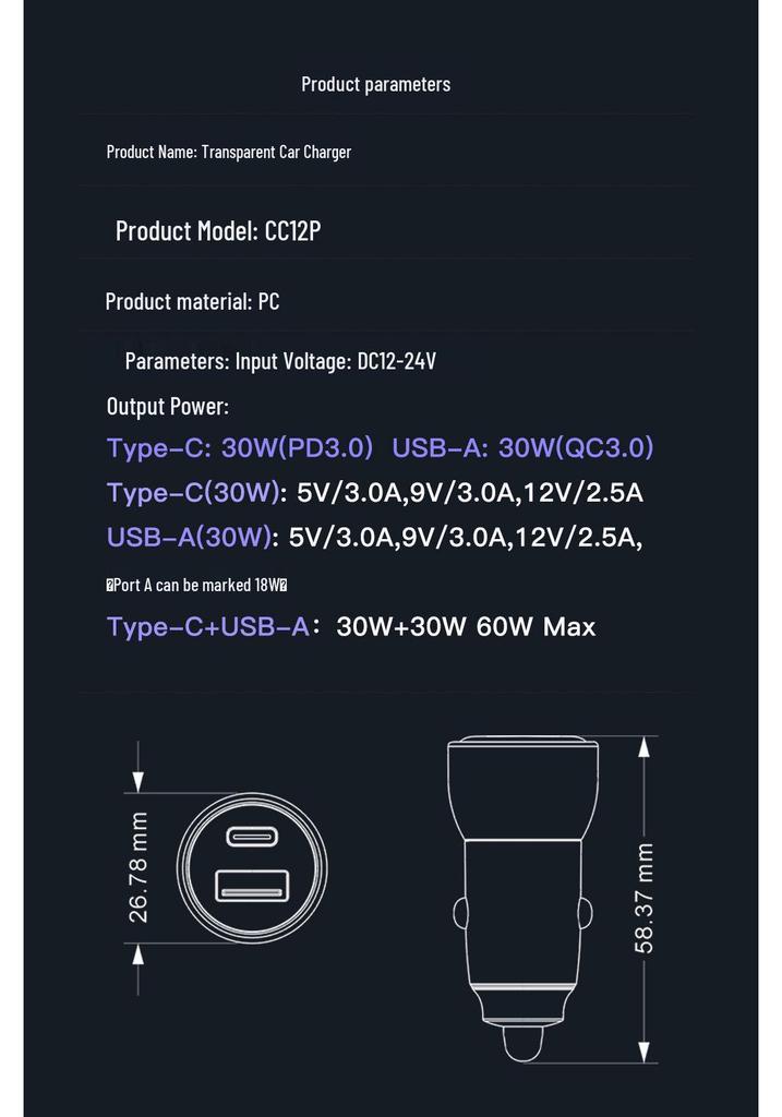 Transparent Mini Car Charger for Samsung: Dual Port Super Fast PD+QC Mobile Phone Flash Charging