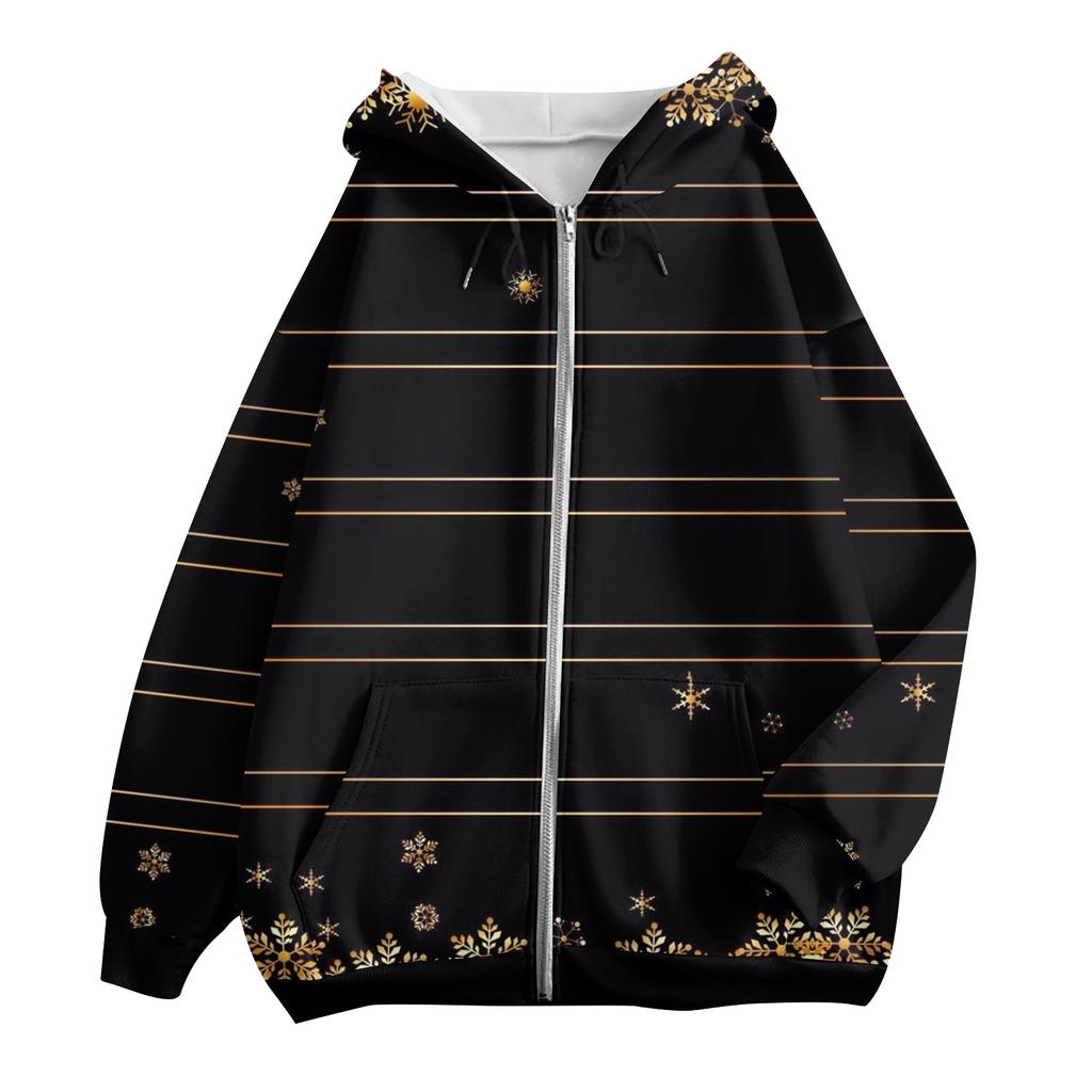 Женская модная повседневная толстовка с рождественским принтом и длинными рукавами, карманная куртка, пальто с капюшоном на молнии