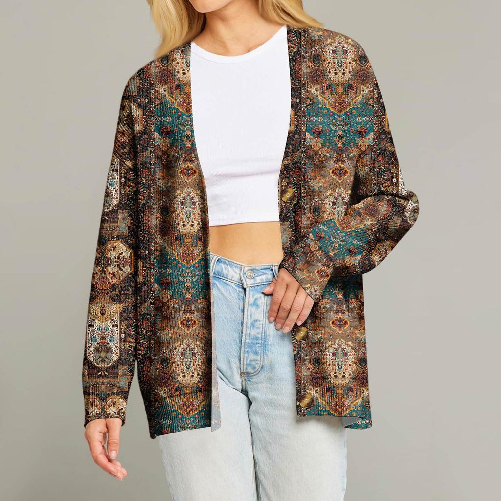 Женский модный кардиган с длинным рукавом, V-образным вырезом, на пуговицах, свободного кроя, с рождественским принтом