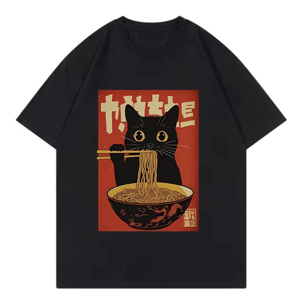 Футболка с коротким рукавом в японском стиле с принтом кота, поедающего рамен, свободного и повседневного кроя, мультяшный топ Y2k, женская футболка