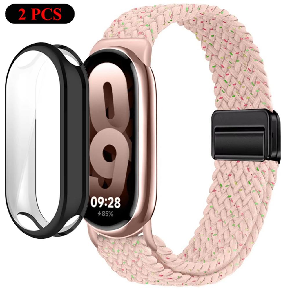 Чехол+Ремешок для Xiaomi Miband 10 9 8 Плетеный Нейлоновый Удобный Браслет Ремешок для Mi Band 10/9/8 NFC Miband 10/9 Керамический Ремень