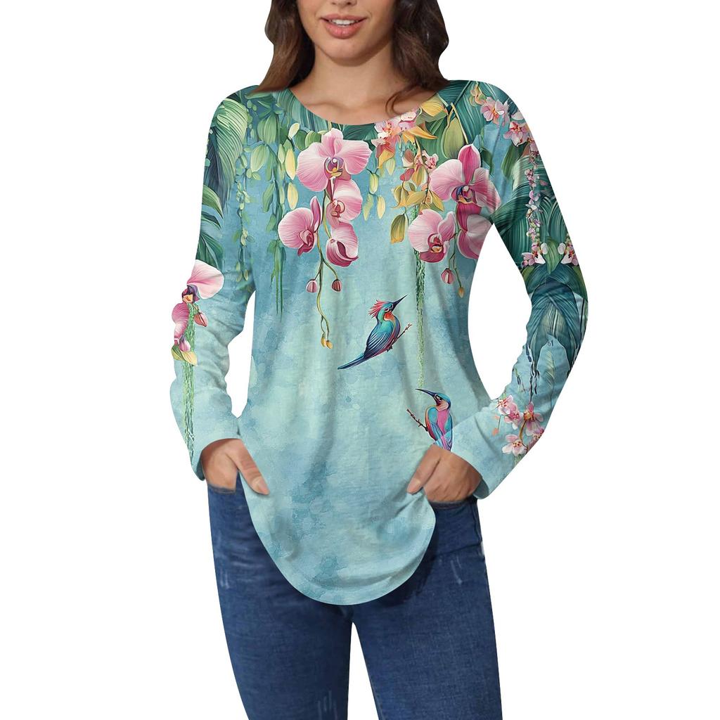 Рубашки для женщин Милые винтажные узоры с принтом Футболка с длинным рукавом Туника Топы Хлопковые пуловеры