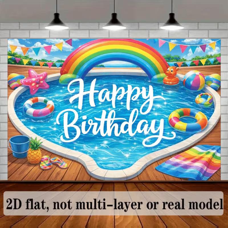 2D Rainbow Pool Party Backdrop Happy Birthday Beach Ball Banner