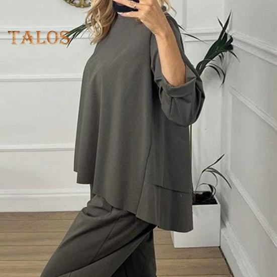 2 шт./комплект женский свитер брюки комплект круглый вырез длинный рукав топ эластичный пояс широкие спортивные штаны спортивный наряд осень повседневная одежда для поездок на работу