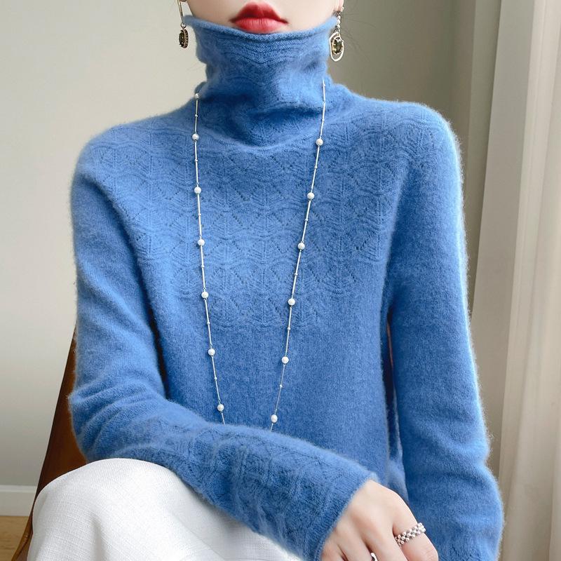 100% Wool High Neck Hollow Knit Sweater - Women's Slimming Autumn/Winter Cashmere Base Layer