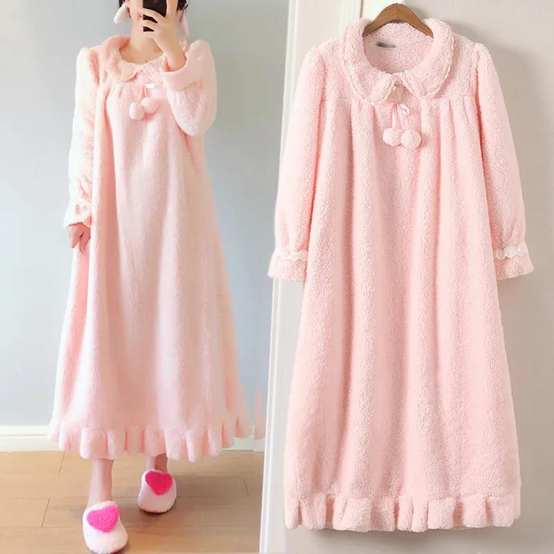 Autumn Winter Flannel Long Skirt Nightdress Women's Long Over The Knee Large Size Loose Solid Color Pompom Pajamas Home