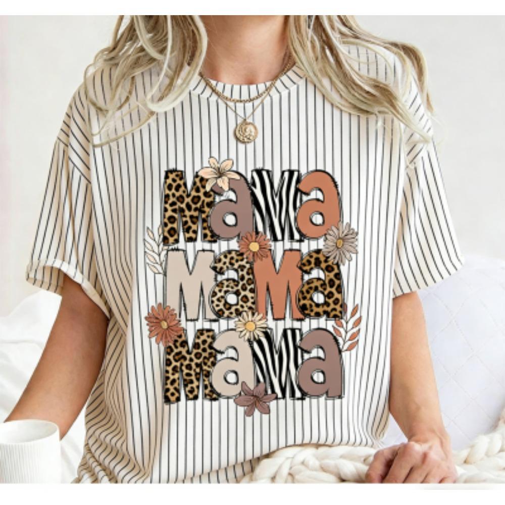 Fashion Funny Striped Flower Leopard Mama Letter Print Kids Short Sleeves T-Shirt Loose Casual Summer Outdoor Street Boy and Girl Tees Tops