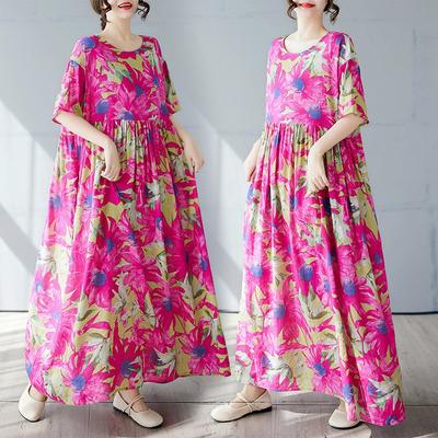 Простое богемное длинное платье лето новое для полных с коротким рукавом круглый вырез принт с женской одеждой