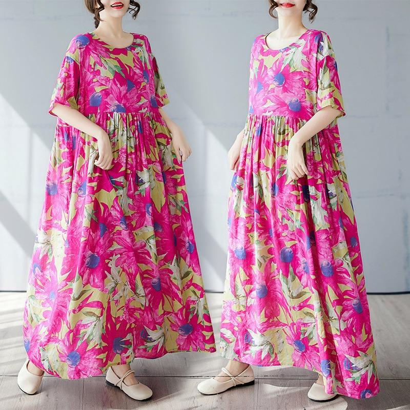 Простое богемное длинное платье лето новое для полных с коротким рукавом круглый вырез принт с женской одеждой