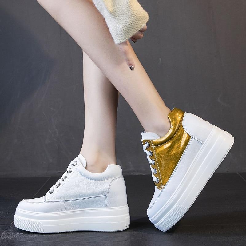 Fujin/кеды из лакированной натуральной кожи на танкетке 7,5 см, повседневные кроссовки на массивном массиве, вулканизированный скрытый каблук, летние женские модные туфли на шнуровке