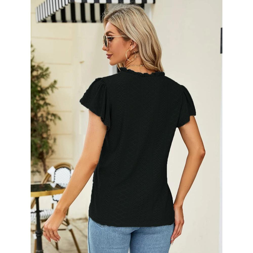 GMXIA Spring Summer Jacquard V-neck Pile Sleeve Short Sleeve T-shirt Top for Women