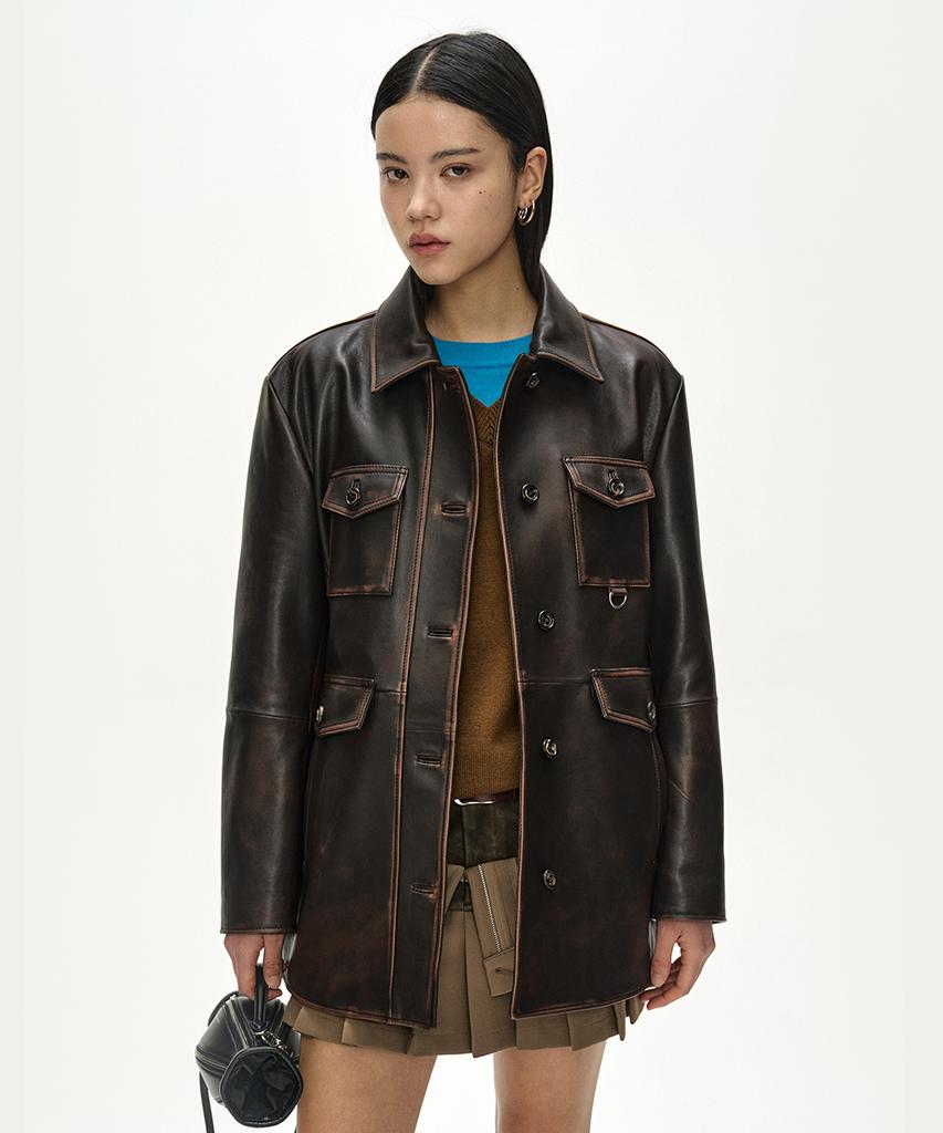 ADSB ANDERSSON BELL Fur Collar Field Leather Jacket (Brown)