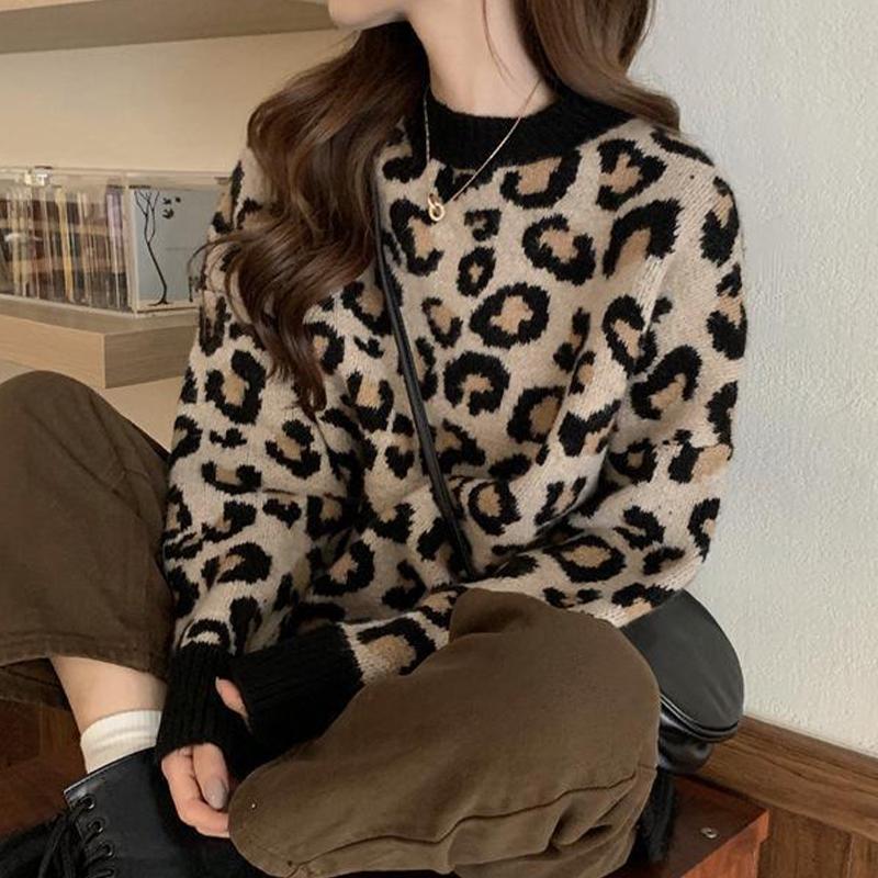 Свитер с леопардовым принтом, женский свободный толстый вязаный повседневный пуловер