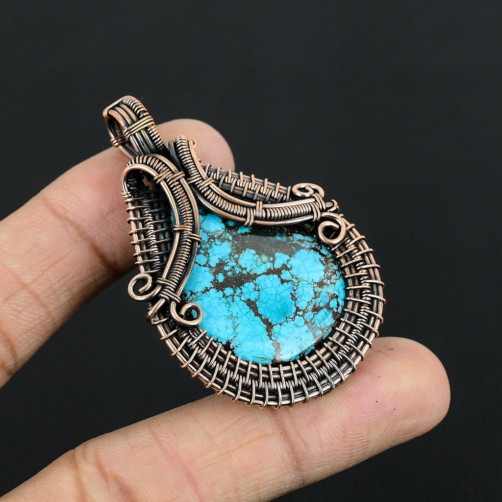 Tibetan Turquoise Pendant, 999 Copper Wire Wrapped Gemstone Jewelry, Handmade Pendant, For Thanksgiving
