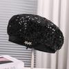 Fashionable Glitter Decorated Hollow Mesh Beret Hat Adjustable Size Outdoor Travel Photography Metal Tagged Cap for Women