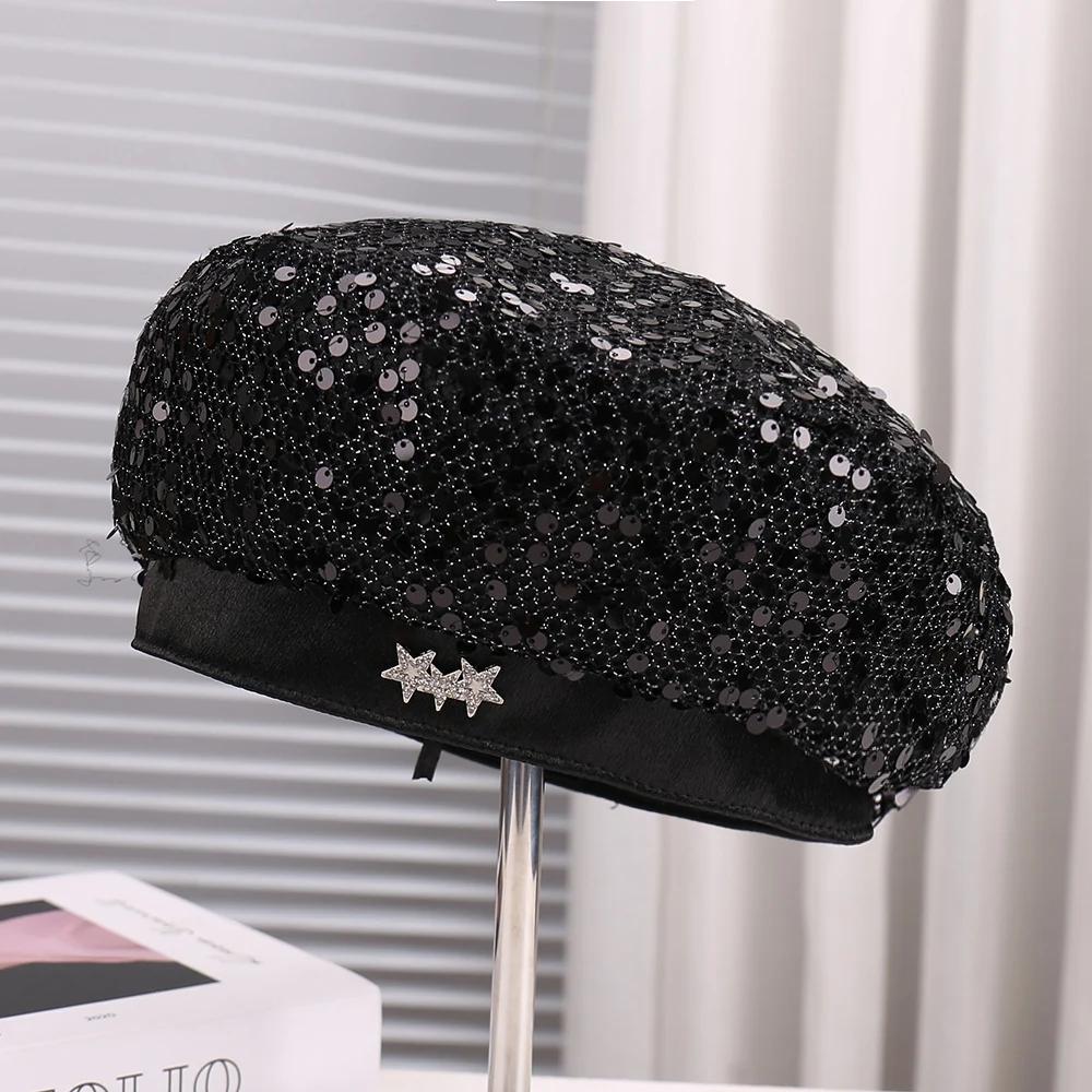 Fashionable Glitter Decorated Hollow Mesh Beret Hat Adjustable Size Outdoor Travel Photography Metal Tagged Cap for Women