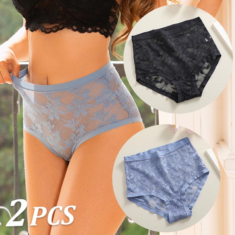 FINETOO 2Pcs Sexy Floral Lace Panties High Waist Lace Briefs Hollow Out See-Through Romantic Lingerie Fashionable Underpants Underwear