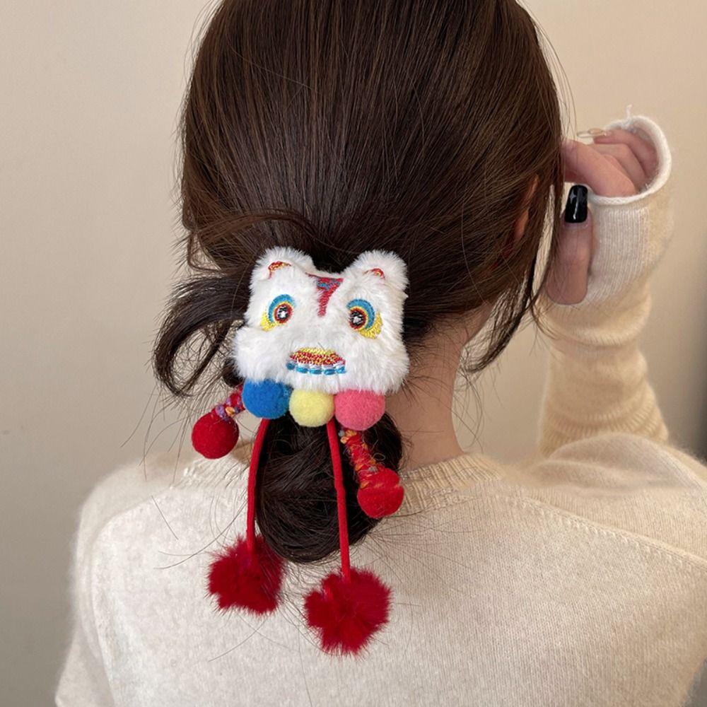 Ponytail Holder New Year Hair Rope Tassel Plush Elastic Hair Band Lion Awakening Headwear Female