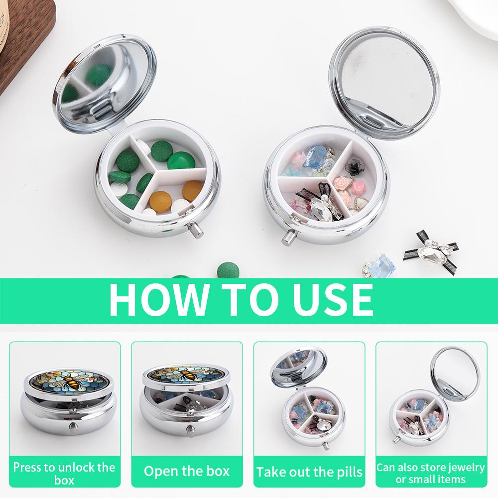 Portable Pill Box with 3 Compartments, Mini Metal Medicine Organizer Case, Cute Printed Pill Container for Vitamins, Pills, Jewelry, Travel, Daily Use