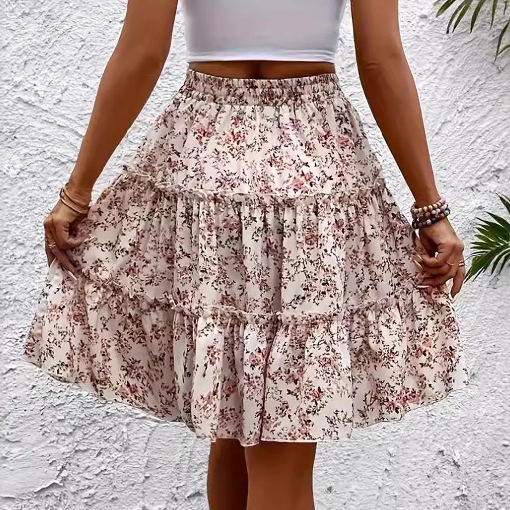 Women's Fashionable Floral Print Elastic Waist Strap Versatile Casual Skirt
