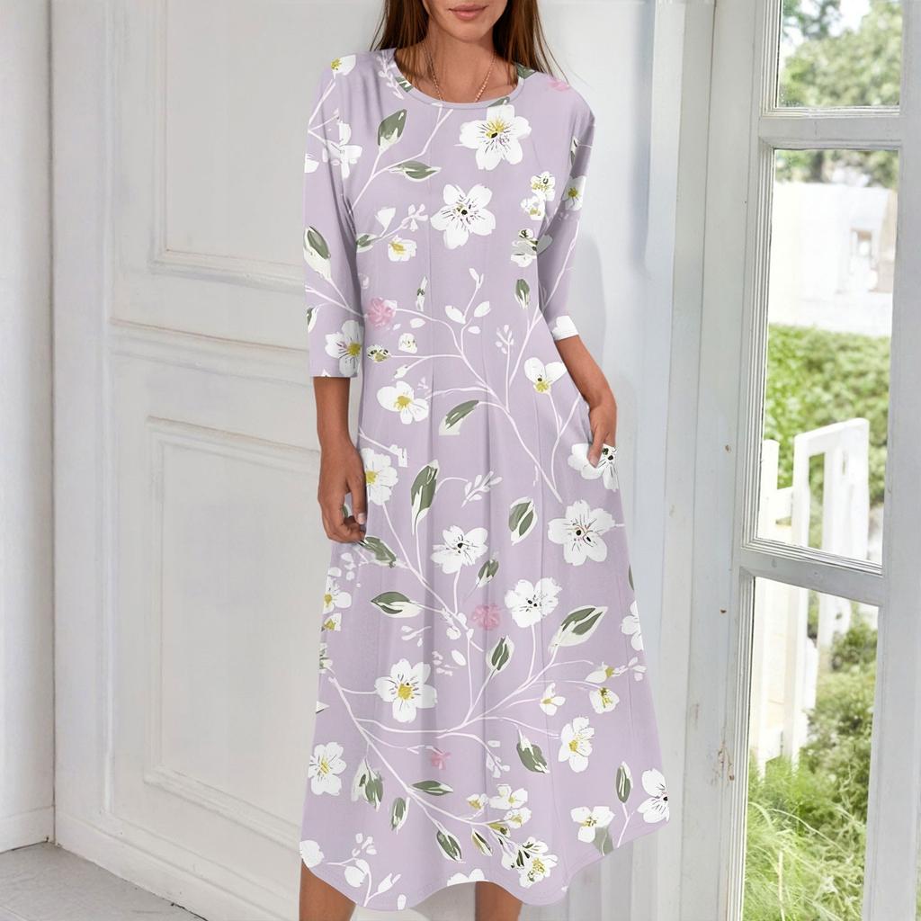 Женское модное повседневное миди-платье с круглым вырезом и рукавами три четверти