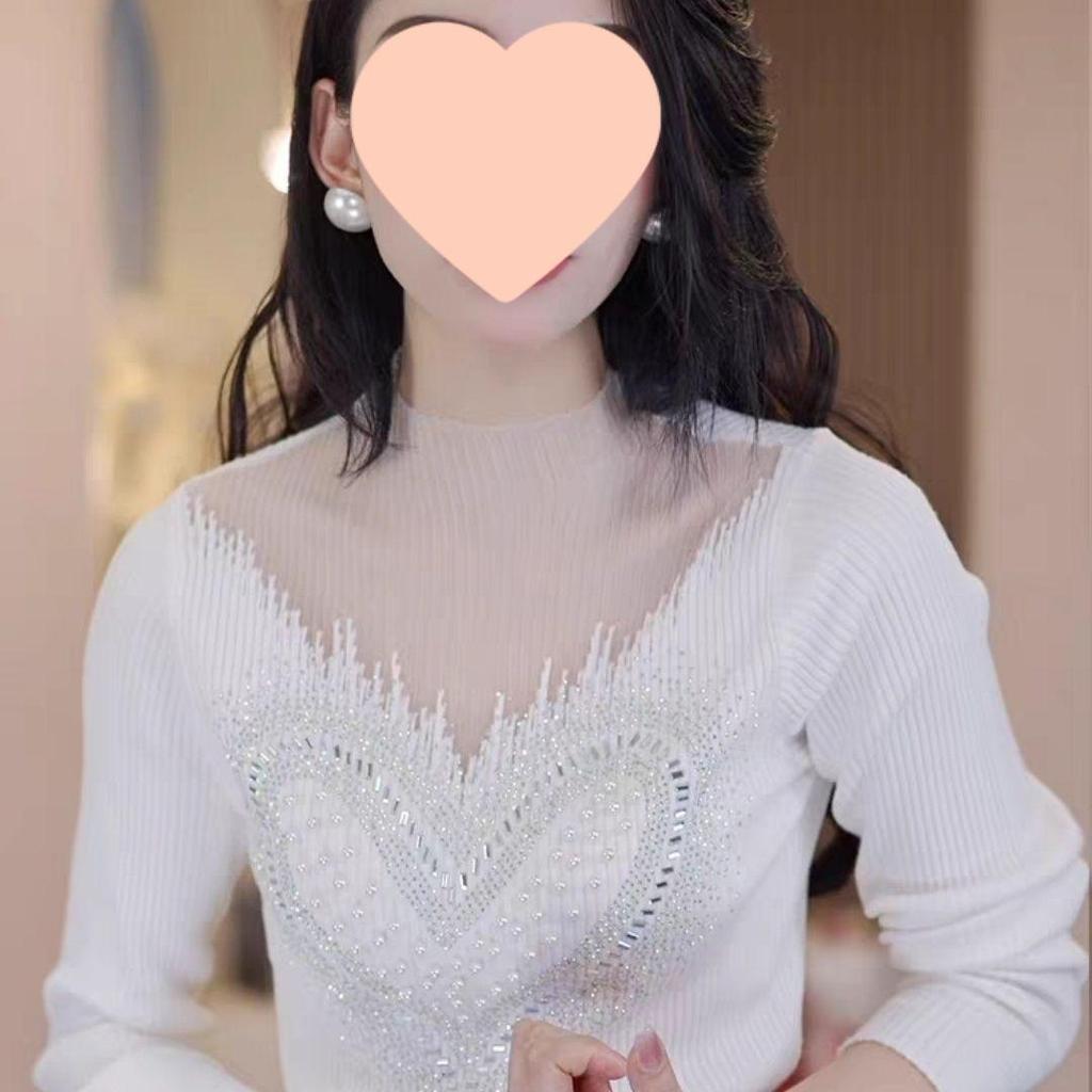 Элегантный сетчатый свитер со стразами - Женский универсальный шикарный топ с длинным рукавом