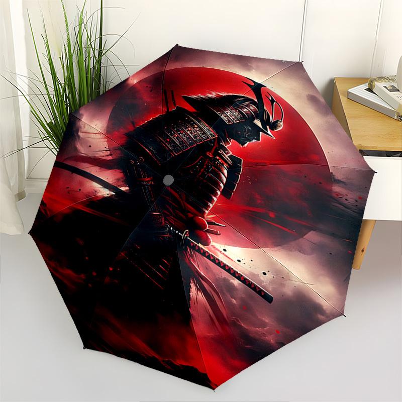 Samurai, RedMoon Themed Automatic Opening and Closing Umbrella, Brightly Colored 8-rib Portable Umbrella, Suitable for Men and Women, A Perf