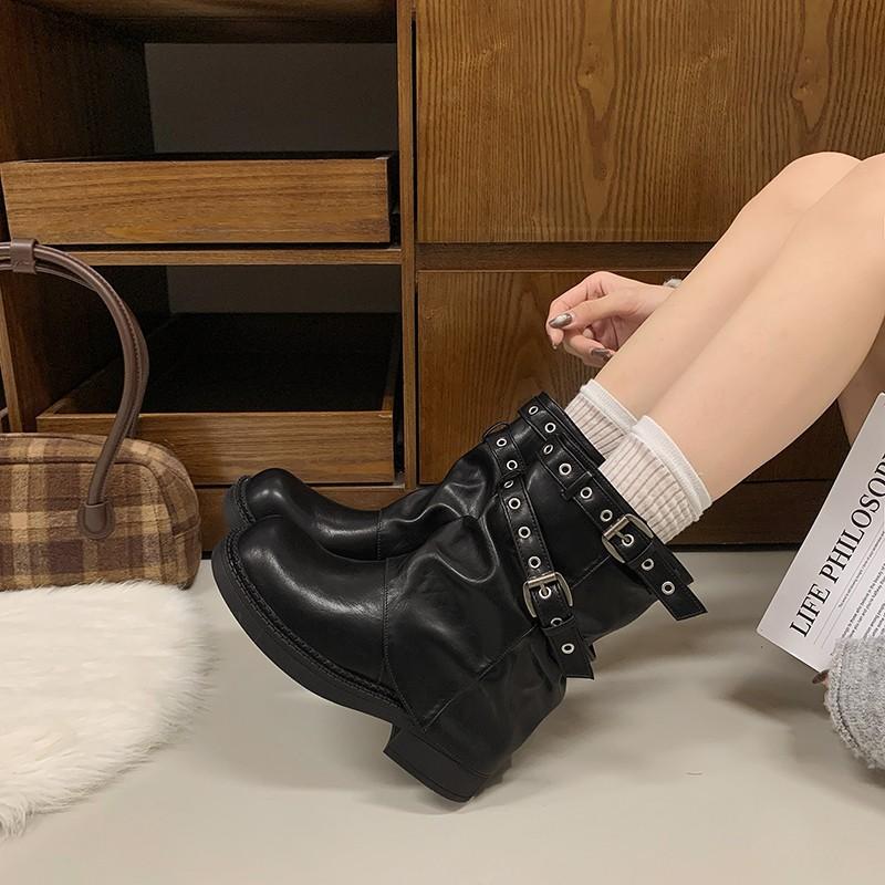 Retro style belt buckle rivet locomotive boots women's autumn new thick-soled heightened feet small brown short boots tide